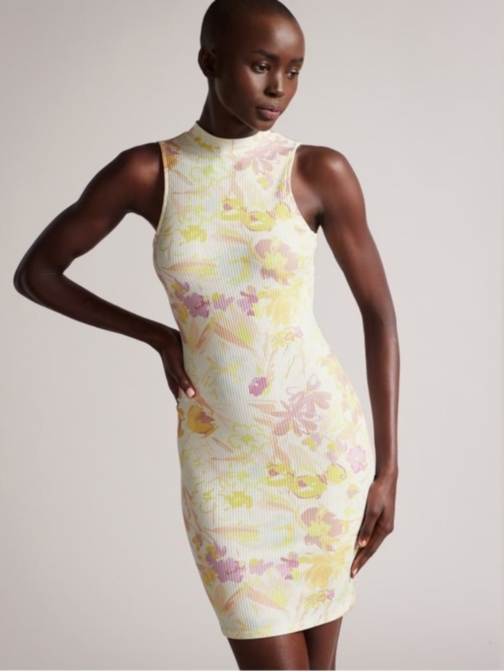 NWT Ted Baker Dress Effi Mini Ribbed Twist Cutout in Yellow Floral
